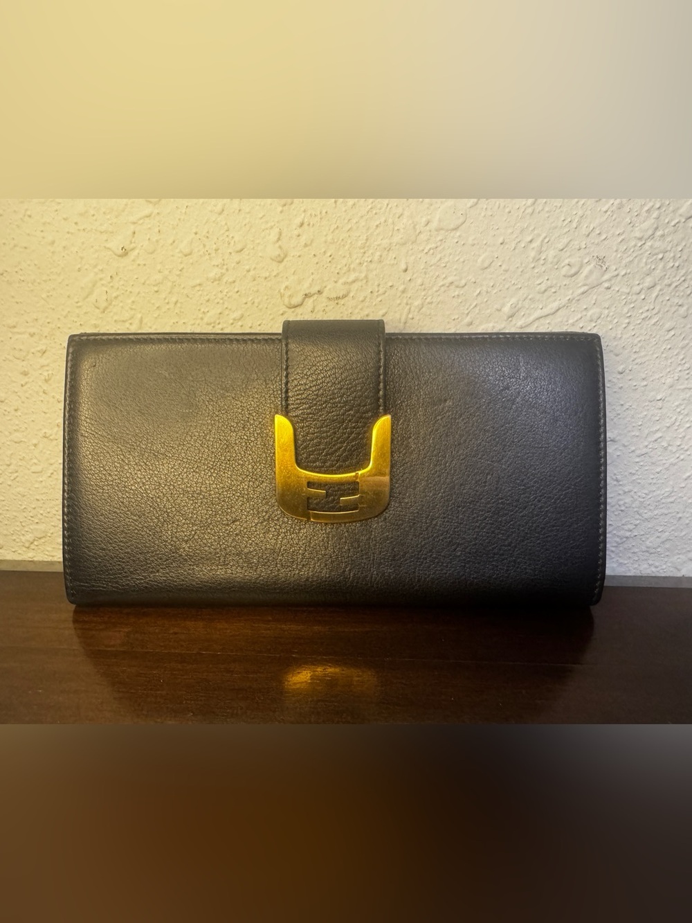 Fendi Black Leather Wallet with Gold-Tone Logo Clasp